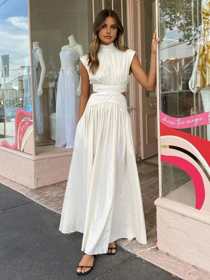Vestido largo mujer de cuello alto con recortes elegantes