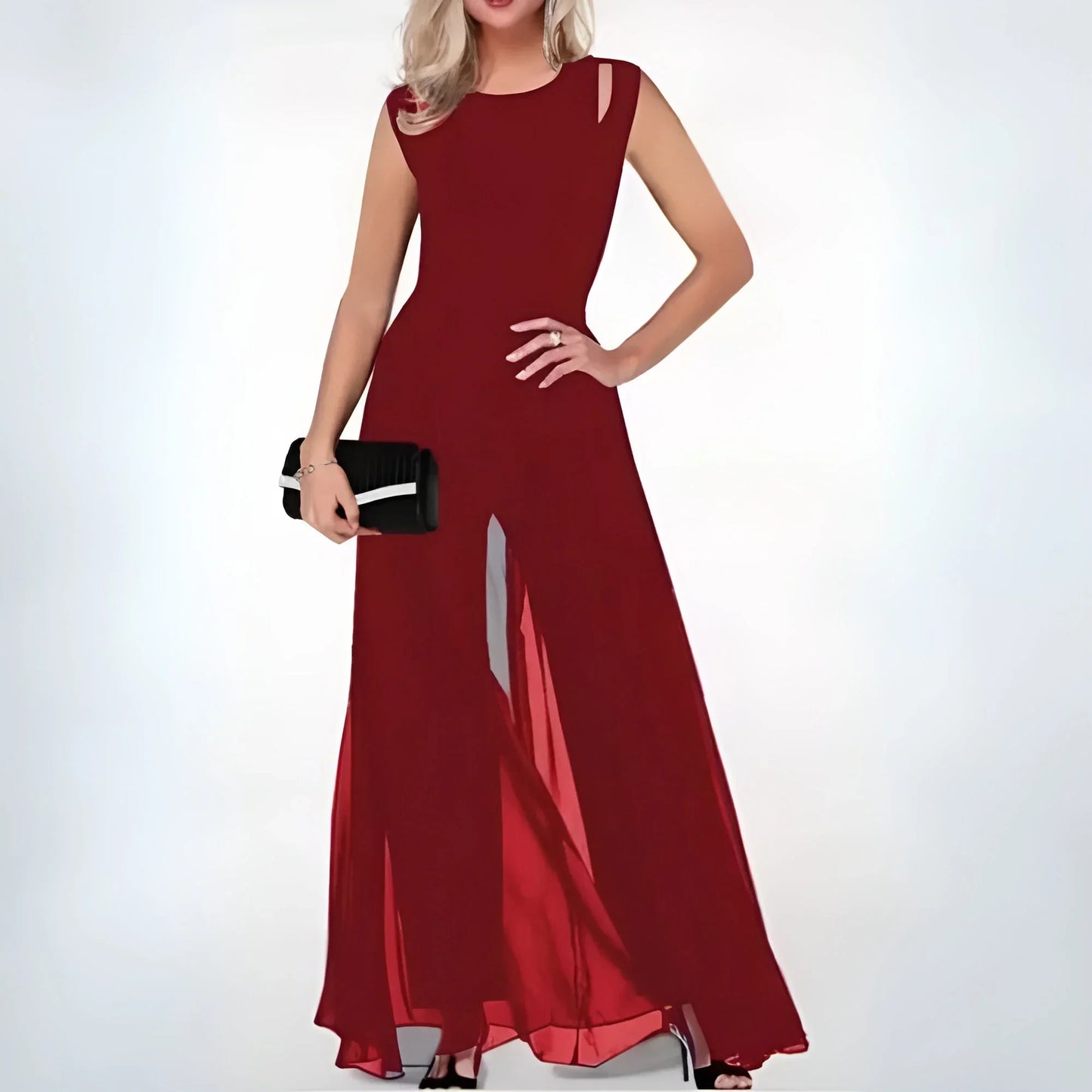 Vestido largo de noche sin mangas con recortes elegantes