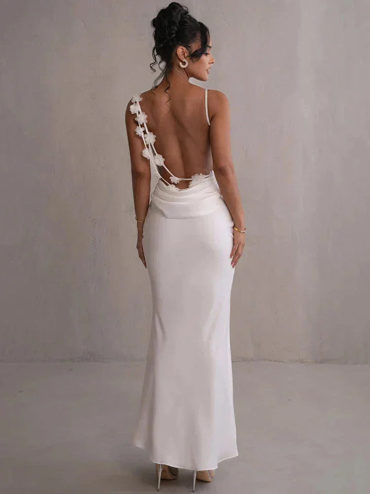 Vestido largo espalda descubierta con flores gris y tirantes finos