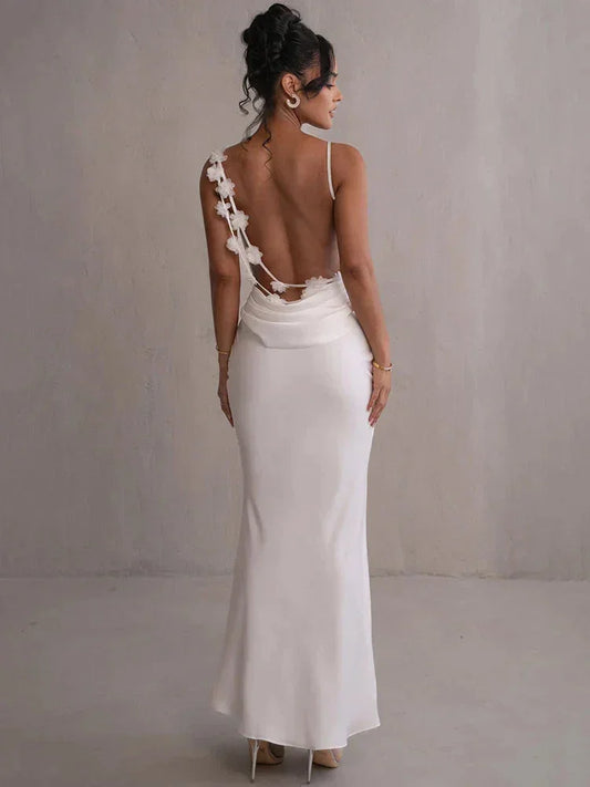 Vestido largo espalda descubierta con flores gris y tirantes finos
