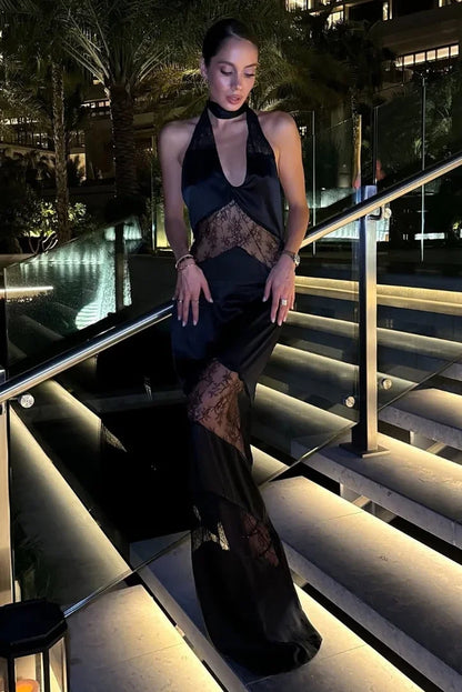 Vestido largo de noche espalda descubierta con detalles de encaje