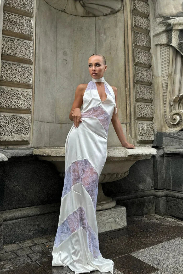 Vestido largo de noche espalda descubierta con detalles de encaje