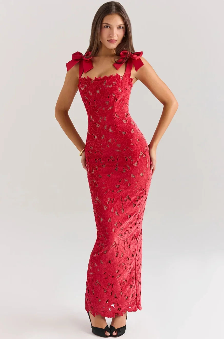 Vestido largo mujer de encaje con lazos en los Hombros