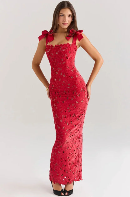 Vestido largo mujer de encaje con lazos en los Hombros
