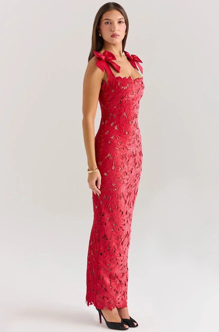 Vestido largo mujer de encaje con lazos en los Hombros