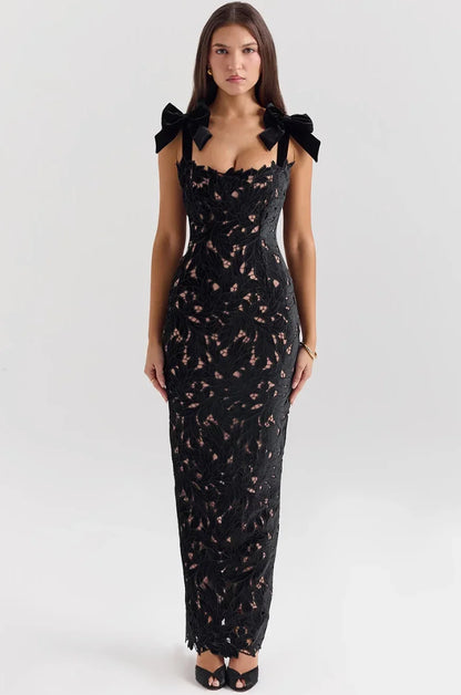 Vestido largo mujer de encaje con lazos en los Hombros