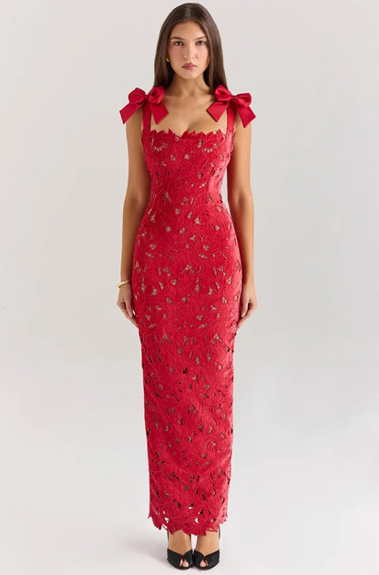 Vestido largo mujer de encaje con lazos en los Hombros