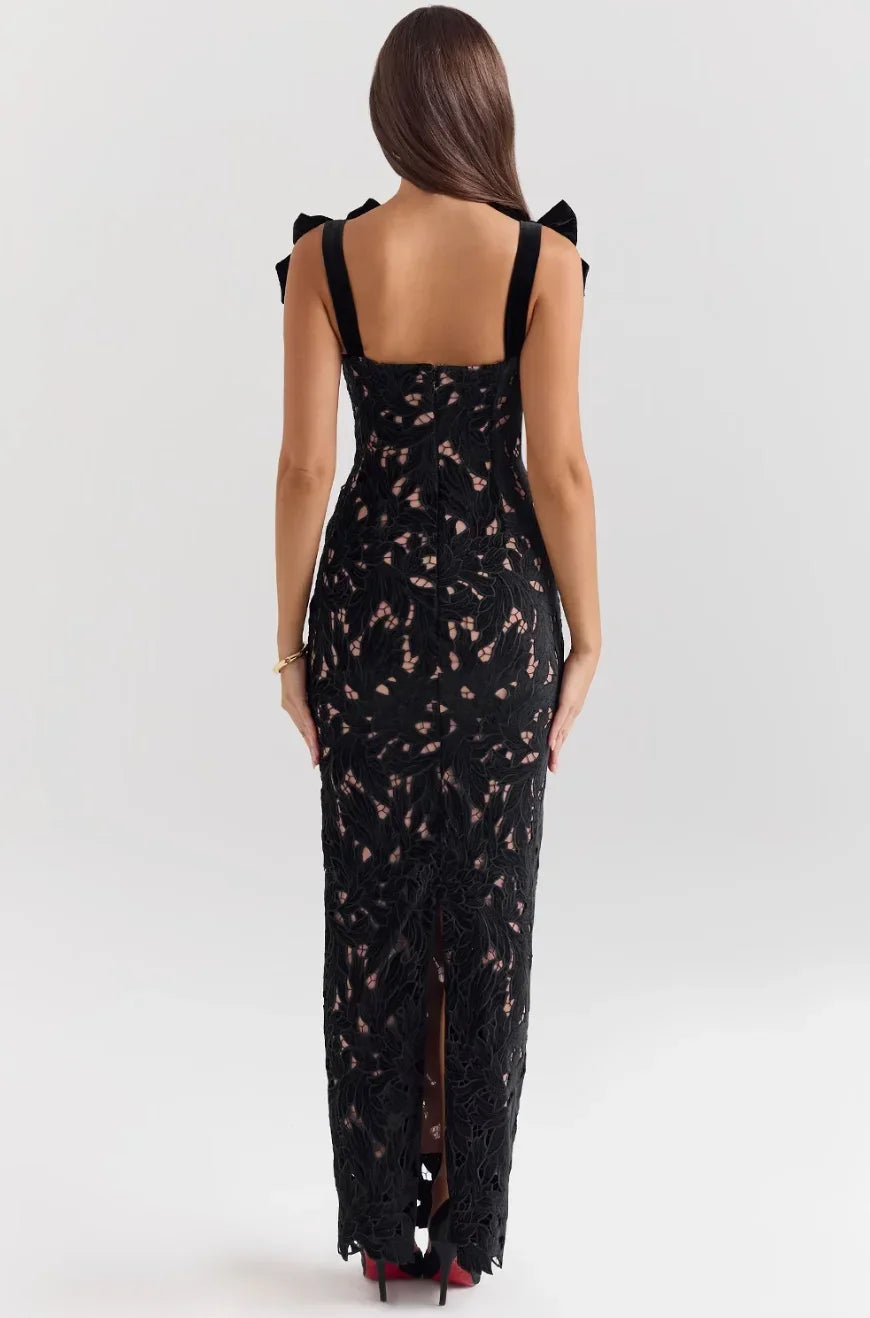 Vestido largo mujer de encaje con lazos en los Hombros