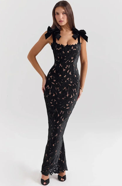 Vestido largo mujer de encaje con lazos en los Hombros