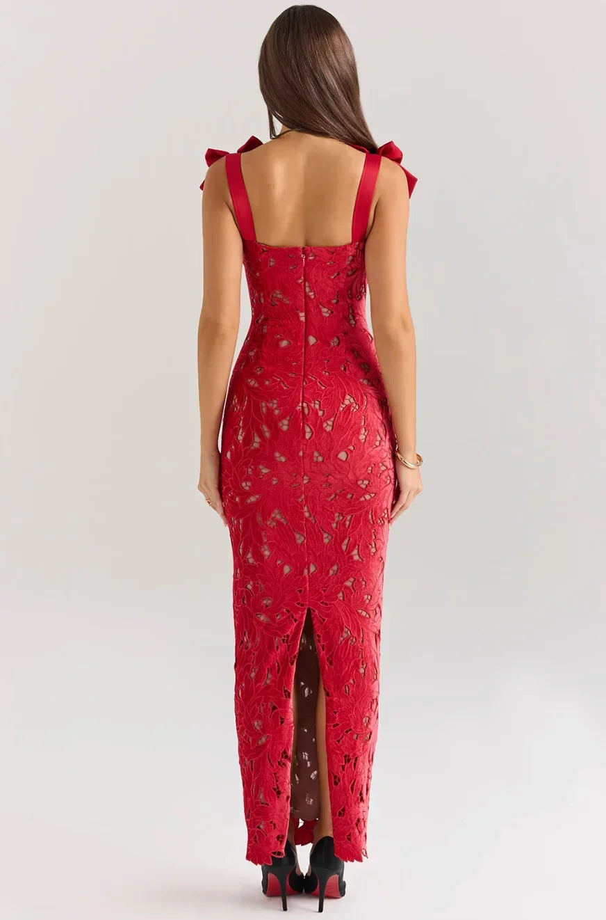 Vestido largo mujer de encaje con lazos en los Hombros