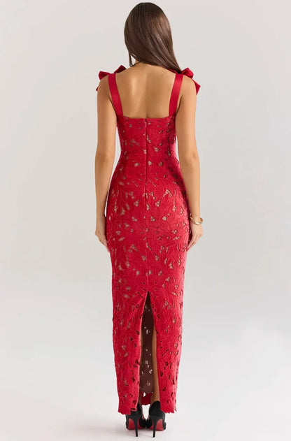 Vestido largo mujer de encaje con lazos en los Hombros