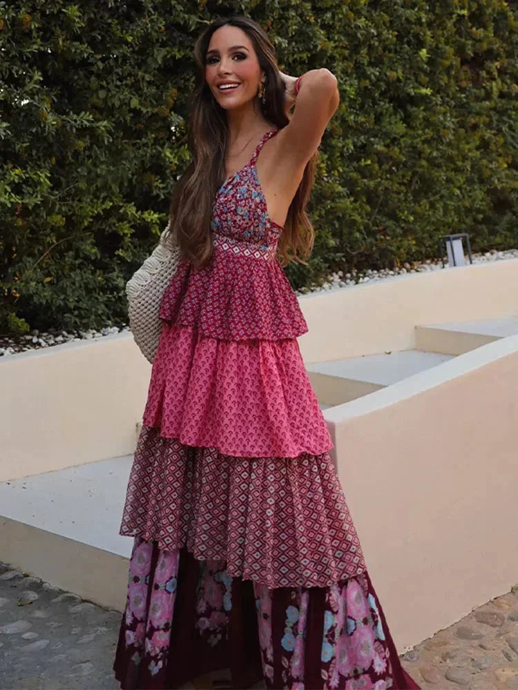 Vestido largo mujer rojo y rosa sin mangas con volantes
