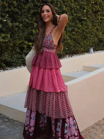 Vestido largo mujer rojo y rosa sin mangas con volantes