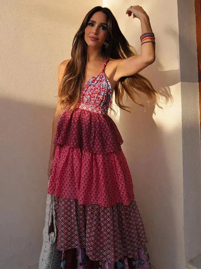 Vestido largo mujer rojo y rosa sin mangas con volantes
