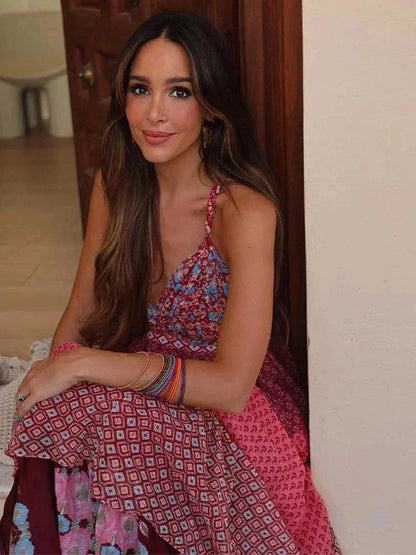 Vestido largo mujer rojo y rosa sin mangas con volantes
