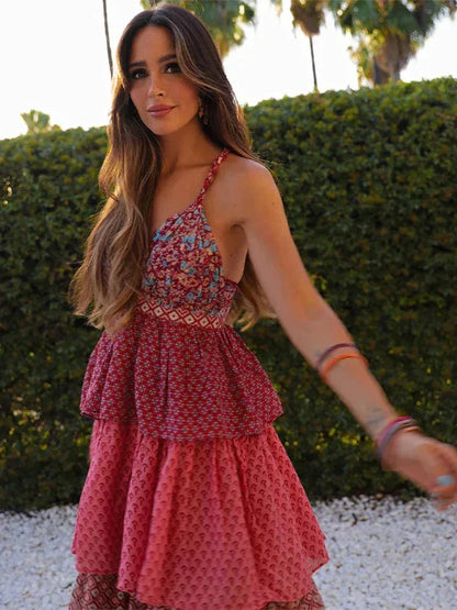 Vestido largo mujer rojo y rosa sin mangas con volantes
