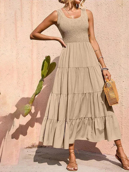 Vestido largo mujer con smocks y volantes sin mangas