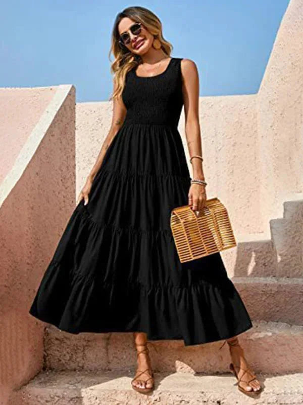 Vestido largo mujer con smocks y volantes sin mangas