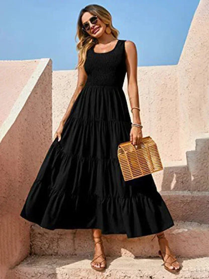 Vestido largo mujer con smocks y volantes sin mangas