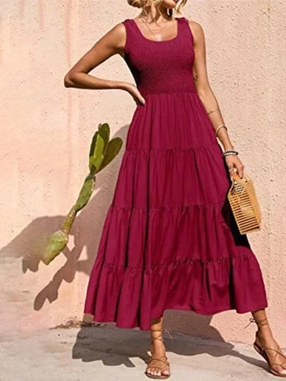 Vestido largo mujer con smocks y volantes sin mangas