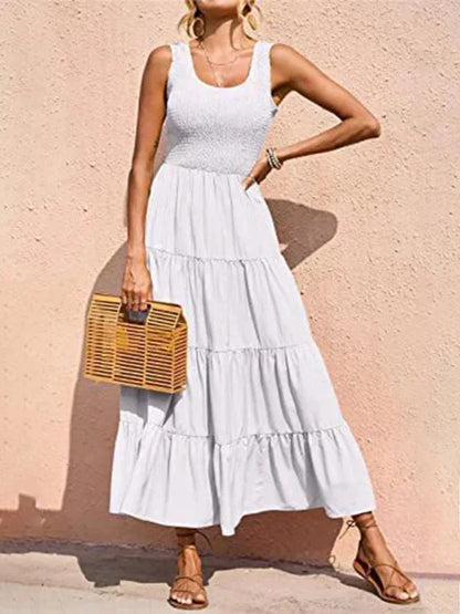 Vestido largo mujer con smocks y volantes sin mangas