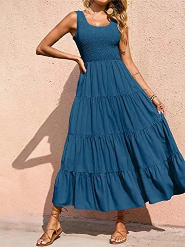 Vestido largo mujer con smocks y volantes sin mangas