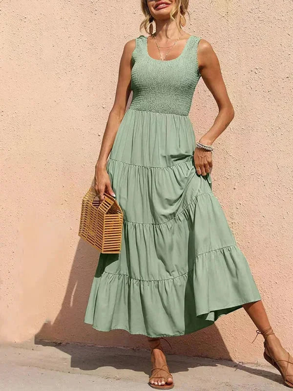 Vestido largo mujer con smocks y volantes sin mangas