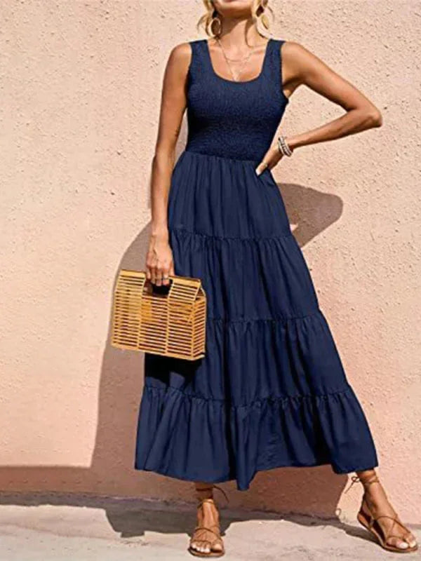 Vestido largo mujer con smocks y volantes sin mangas