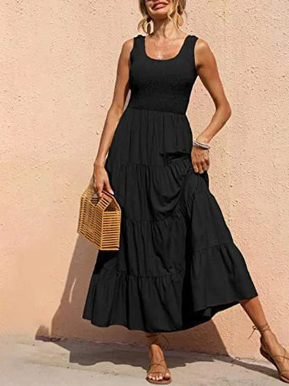 Vestido largo mujer con smocks y volantes sin mangas