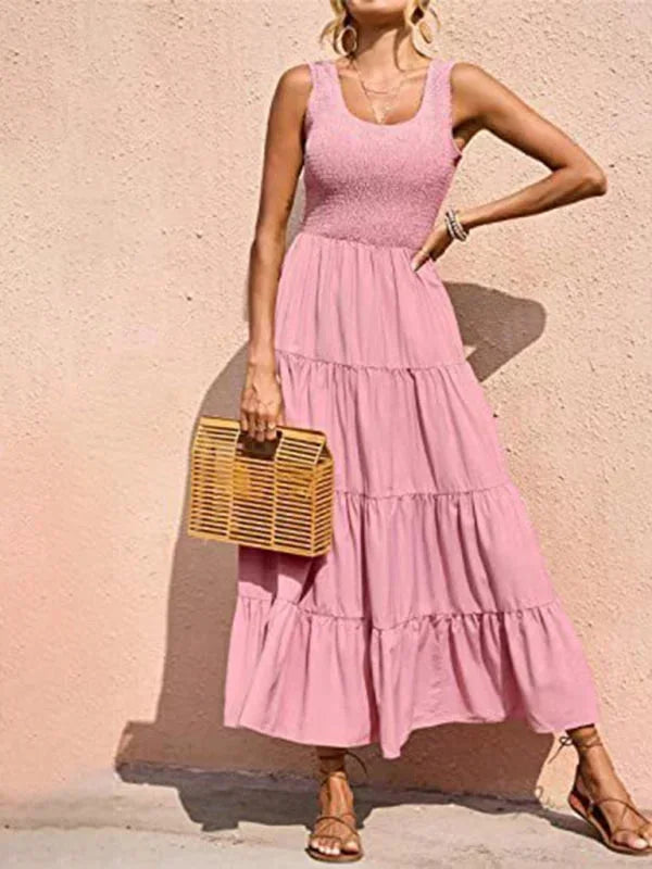Vestido largo mujer con smocks y volantes sin mangas