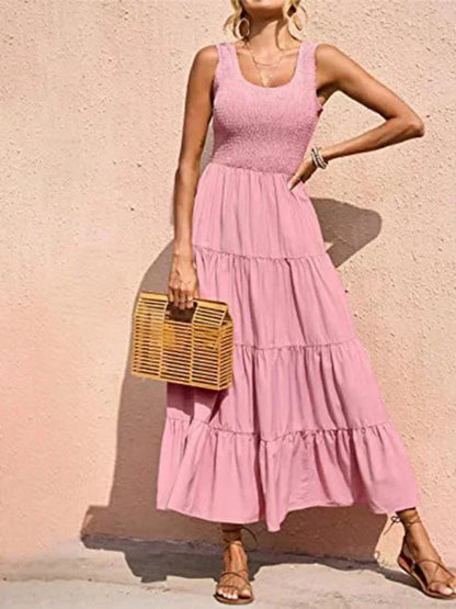 Vestido largo mujer con smocks y volantes sin mangas