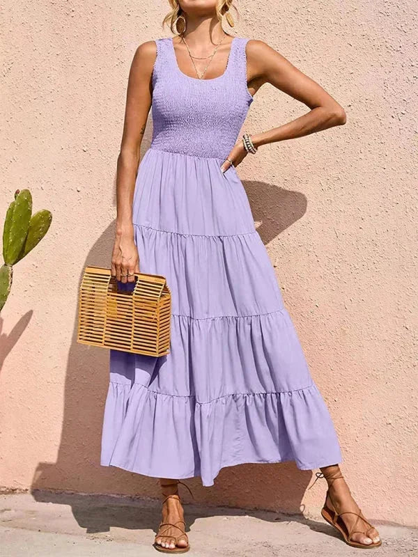 Vestido largo mujer con smocks y volantes sin mangas