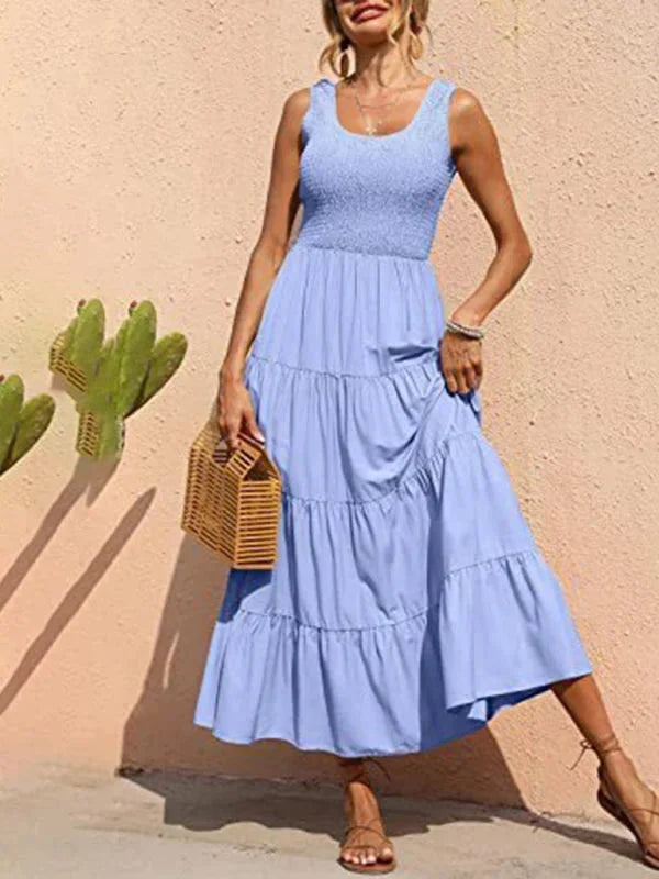 Vestido largo mujer con smocks y volantes sin mangas