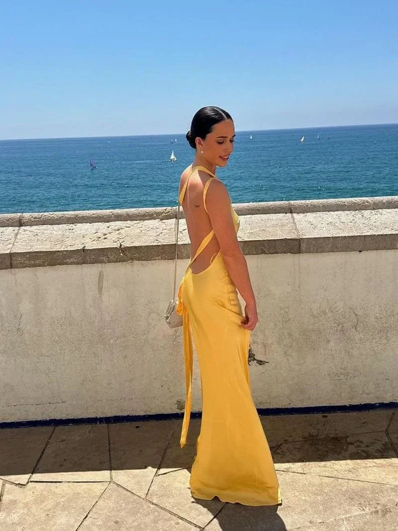 Vestido largo mujer espalda descubierta con tirantes finos para noche