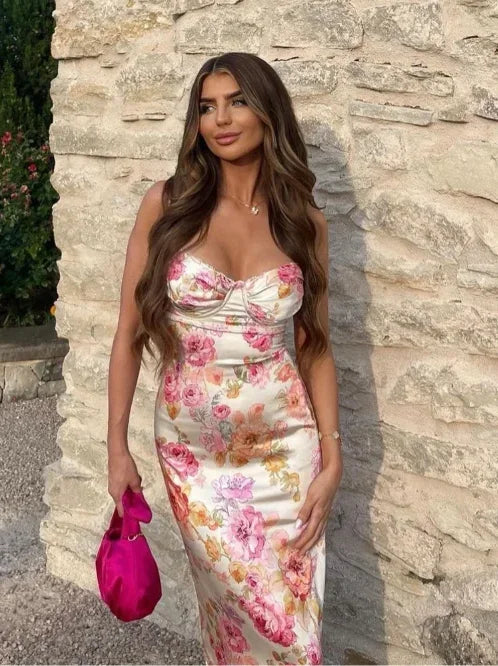 Vestido largo mujer satinado con motivos florales rosas sin mangas