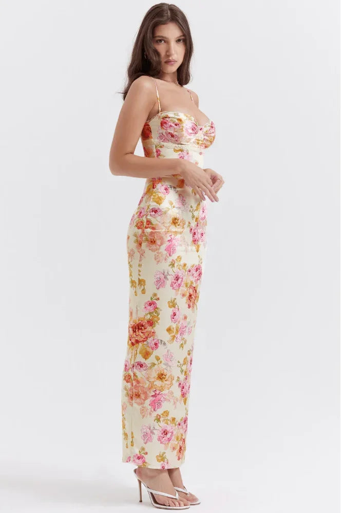Vestido largo mujer satinado con motivos florales rosas sin mangas