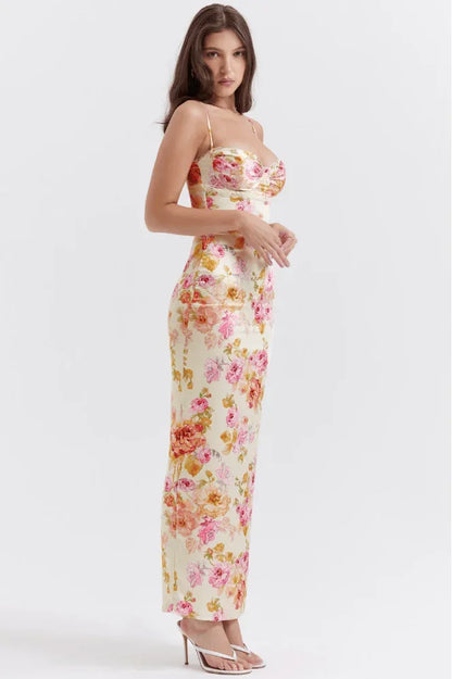 Vestido largo mujer satinado con motivos florales rosas sin mangas