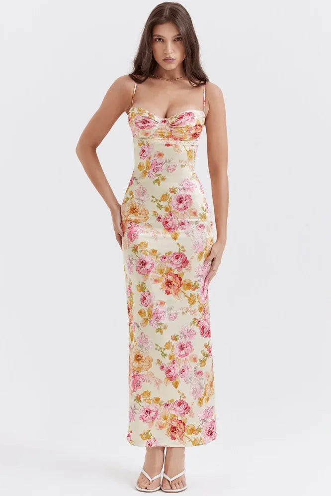 Vestido largo mujer satinado con motivos florales rosas sin mangas