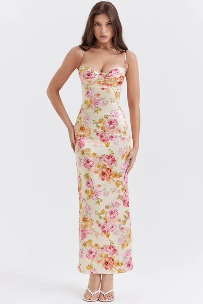 Vestido largo mujer satinado con motivos florales rosas sin mangas