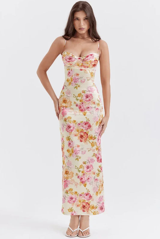 Vestido largo mujer satinado con motivos florales rosas sin mangas