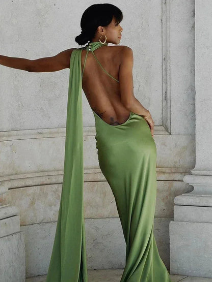 Vestido largo mujer satinado de Hombro único y espalda descubierta