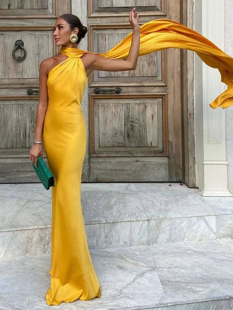 Vestido largo mujer satinado de Hombro único y espalda descubierta