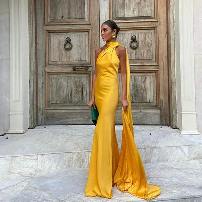 Vestido largo mujer satinado de Hombro único y espalda descubierta