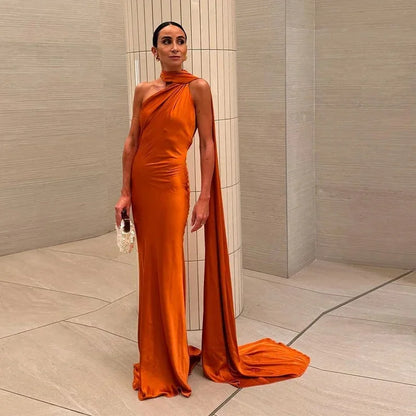 Vestido largo mujer satinado de Hombro único y espalda descubierta