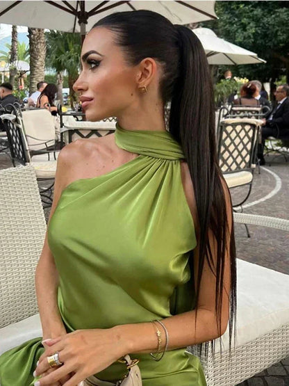 Vestido largo mujer satinado de Hombro único y espalda descubierta