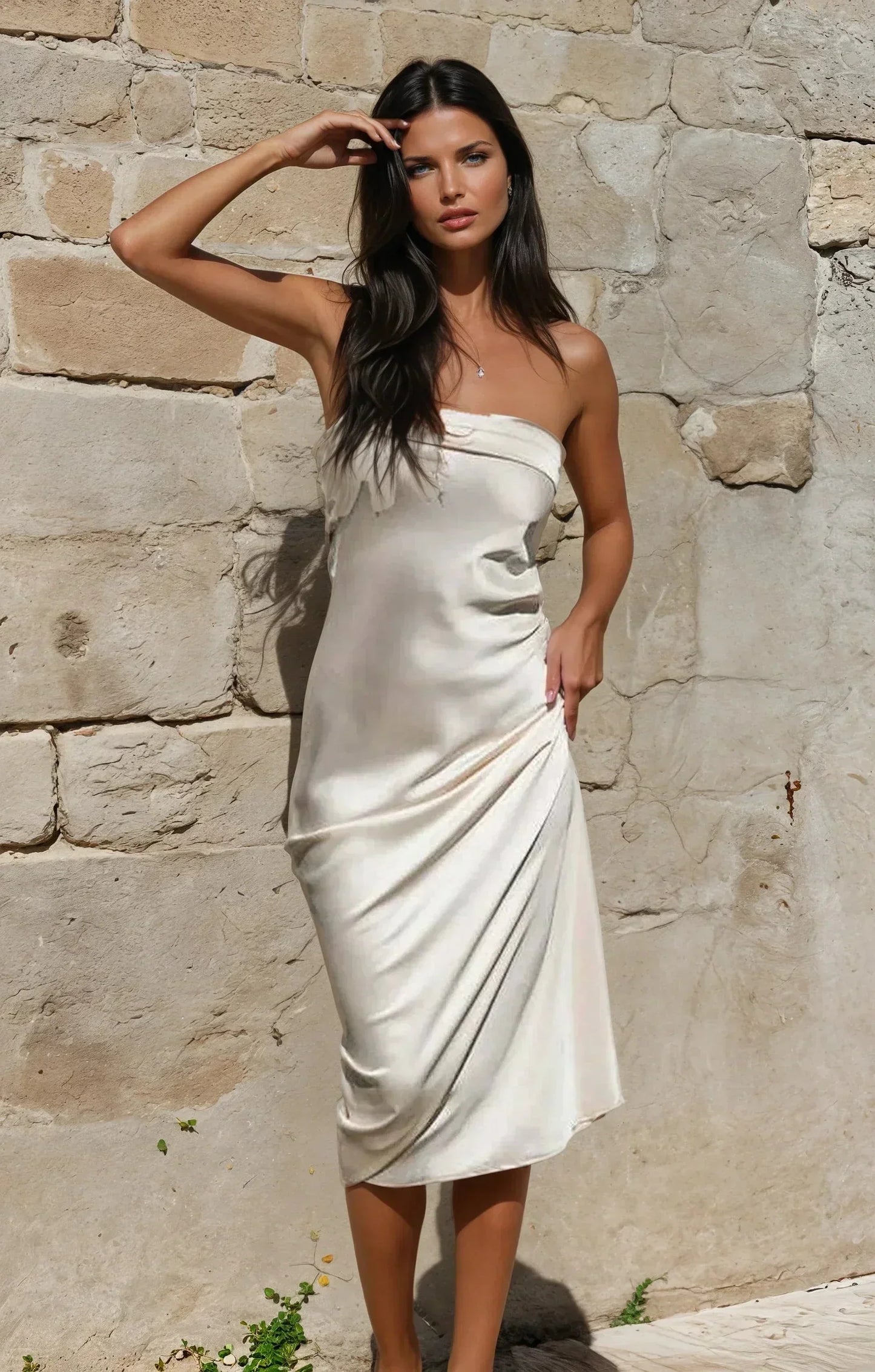 Vestido largo satinado mujer sin tirantes para fiesta