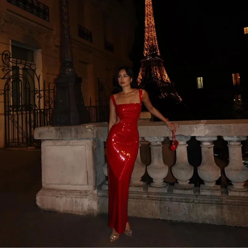 Vestido largo de noche con lentejuelas espalda descubierta tirantes anchos