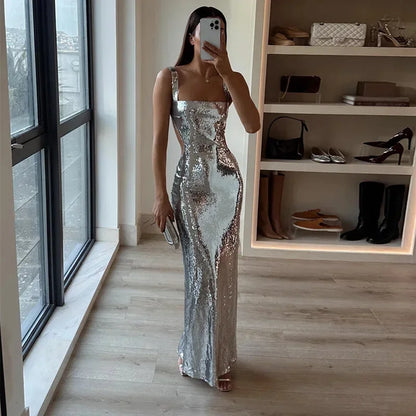 Vestido largo de noche con lentejuelas espalda descubierta tirantes anchos