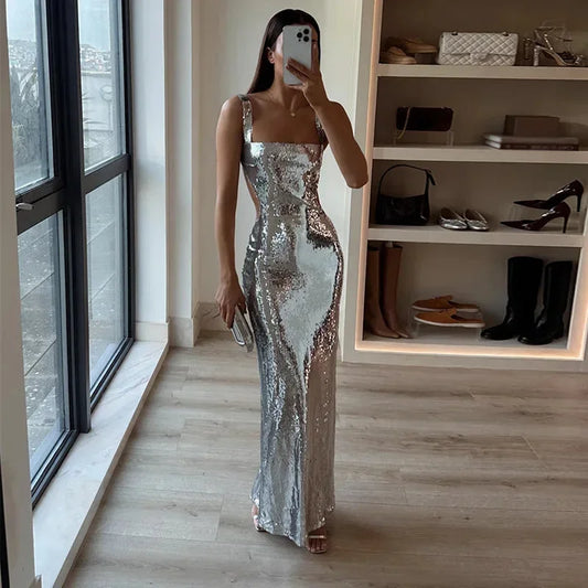 Vestido largo de noche con lentejuelas espalda descubierta tirantes anchos