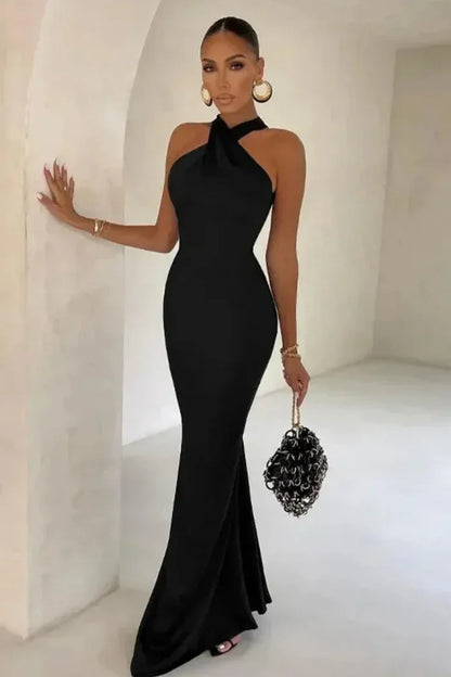 Vestido largo mujer con cuello cruzado y silueta ajustada